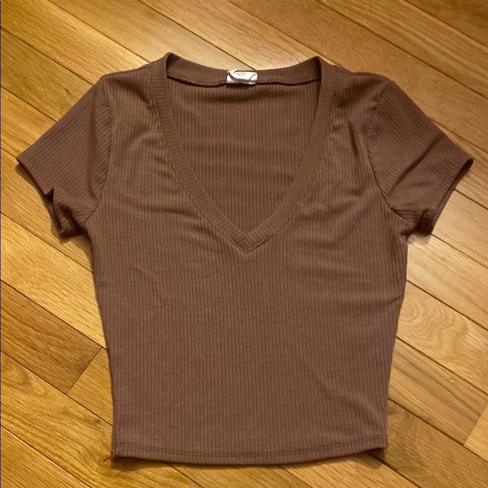 Brown V-Neck Ribbed Women's Top